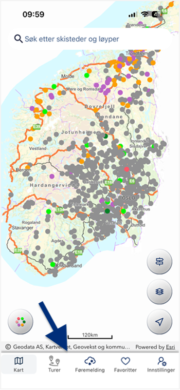 Pil viser meny nederst i appen.