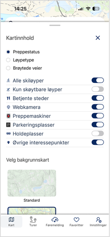 Valgmuligheter i kart.