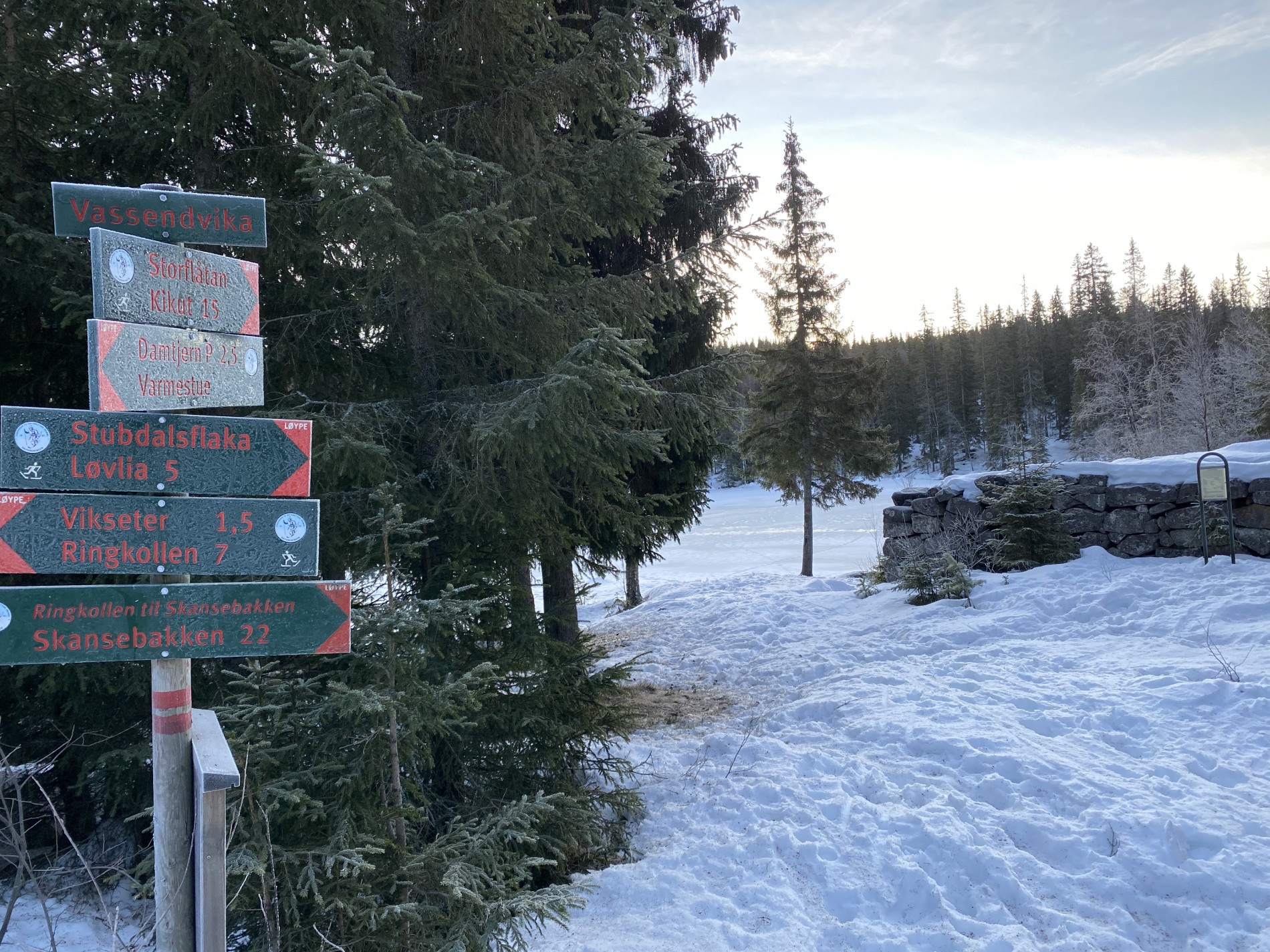 Skiltstaken i Vassendvika skuer ut på Storflåtan, som har blank is i januar